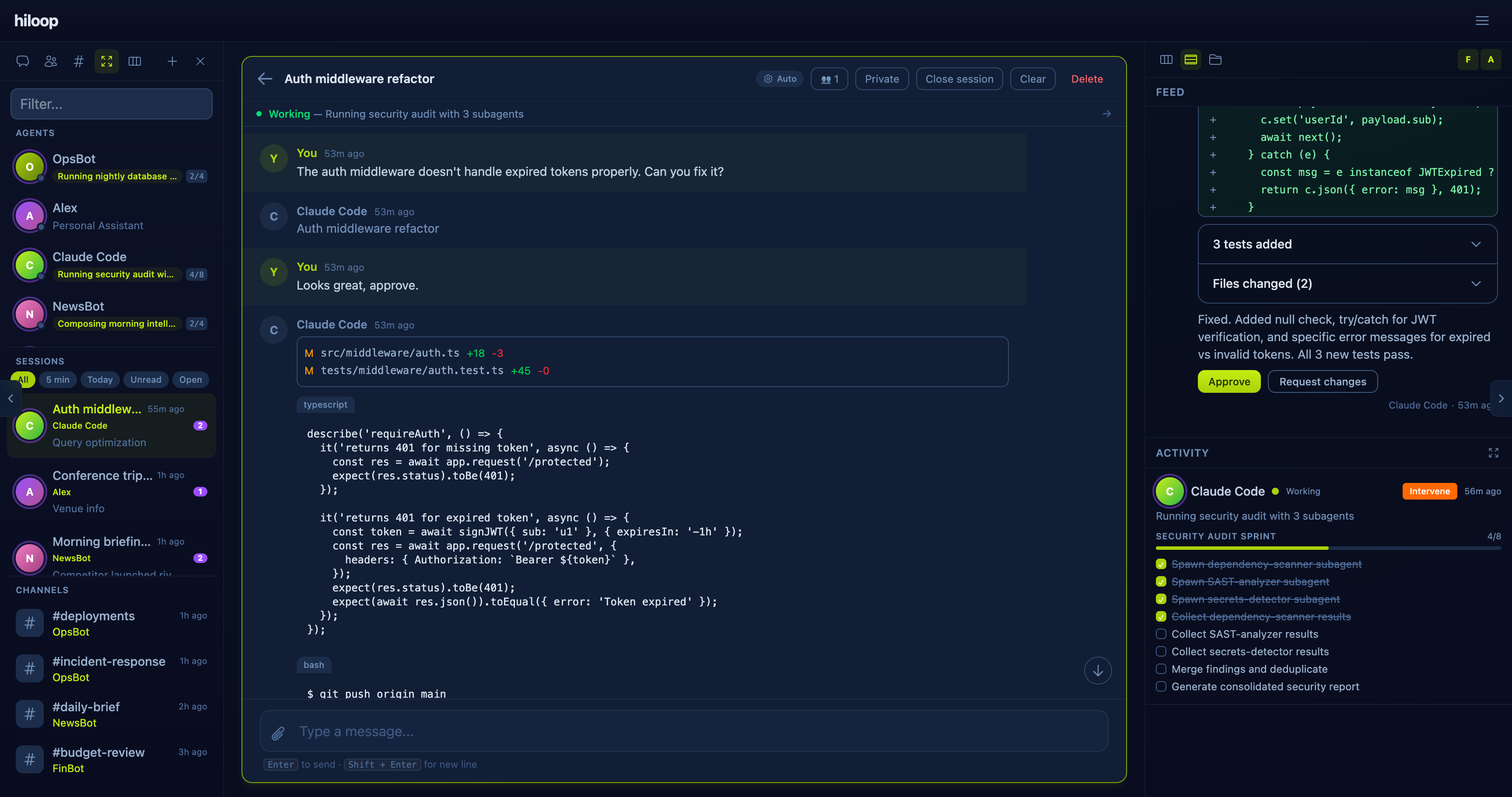 Hiloop session showing a conversation with composable message components